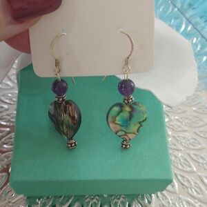 Sterling Silver, Amethyst + Abalone Shell Dangle Earrings